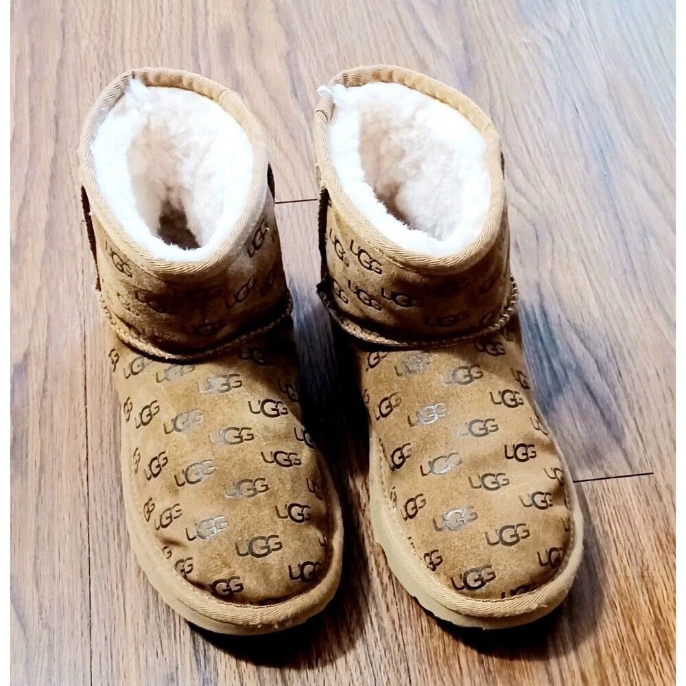 UGG chestnut Suede Logo Embossed Mini Ankle Shearling Boots Size 6